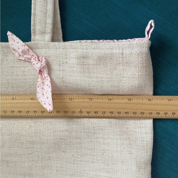 Handmade Linen Tote Bag Pink Floral Heart Drawstring Cottagecore Beige Large - Picture 7 of 10